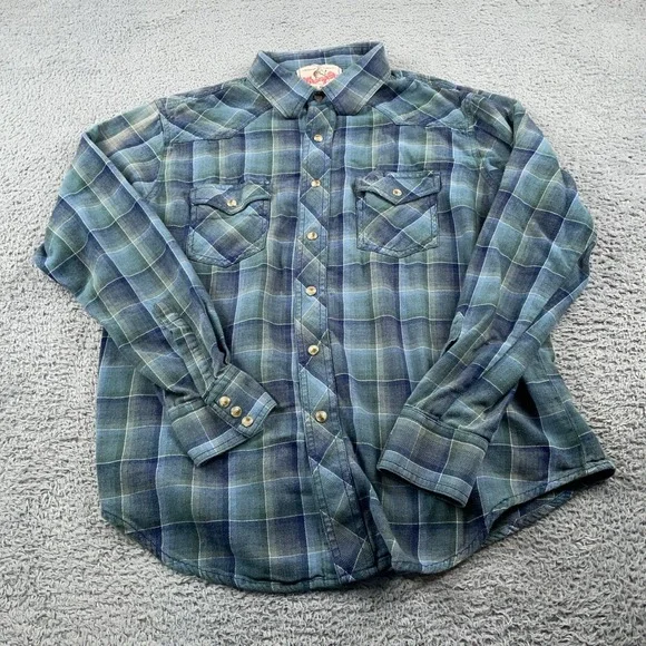 Wrangler Shirt Mens Medium Blue Green Plaid Western Pearl Snap Long Sleeve - Picture 2 of 9